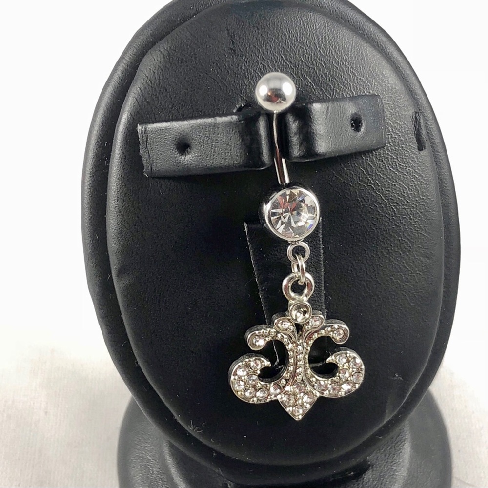 Dangling Rhinestone Fleur De Lis Bellybutton Ring